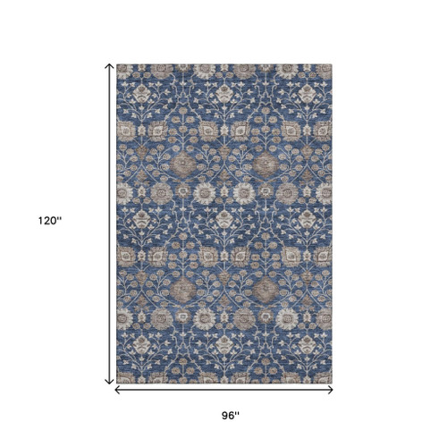 8' X 10' Navy Blue Brown And Beige Floral Washable Area Rug With UV Protection