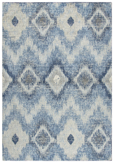 3' X 5' Blue Dark Blue And Gray New Zealand Lambs Wool Ikat Hand Carved Handmade Area Rug