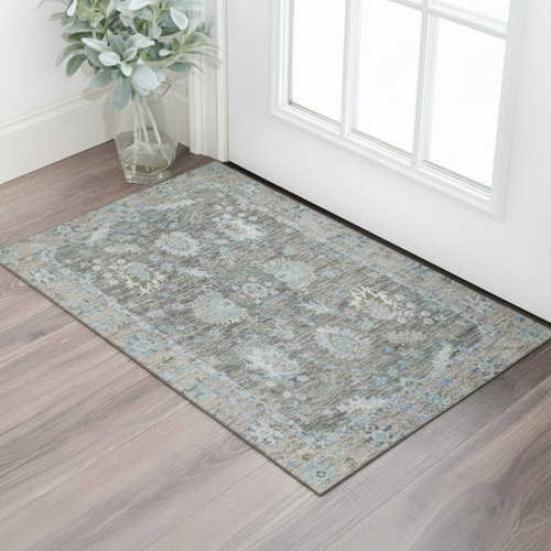 3' X 5' Fern Green And Denim Blue Oriental Washable Area Rug With UV Protection
