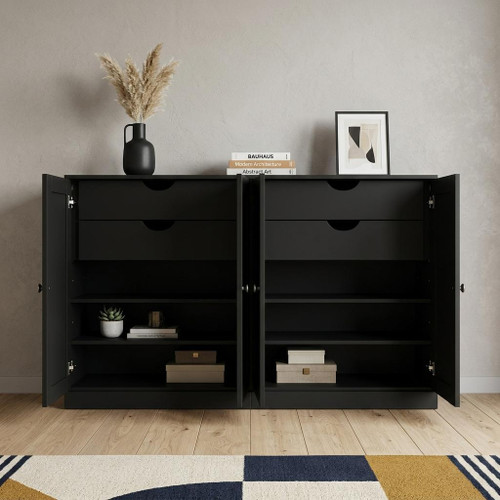64" Black Solid Wood Four Drawer Sideboard With Four Doors