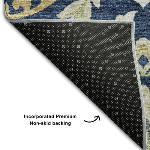 10' X 14' Navy Blue Gold And Beige Floral Washable Area Rug With UV Protection