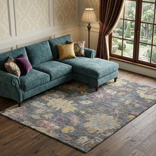 8' X 10' Blue Gold And Coral Floral Washable Area Rug With UV Protection