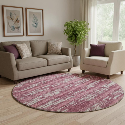 8' Blush And Ivory Striped Washable Round Rug With UV Protection