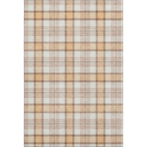 5' X 8' Peach Ivory And Brown Plaid Washable Area Rug With UV Protection