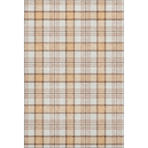 5' X 8' Peach Ivory And Brown Plaid Washable Area Rug With UV Protection