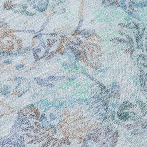 8' Teal Blue And Silver Round Floral Washable Indoor Outdoor Area Rug