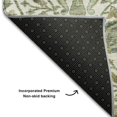 5' X 8' Ivory Fern Green And Beige Floral Washable Area Rug With UV Protection