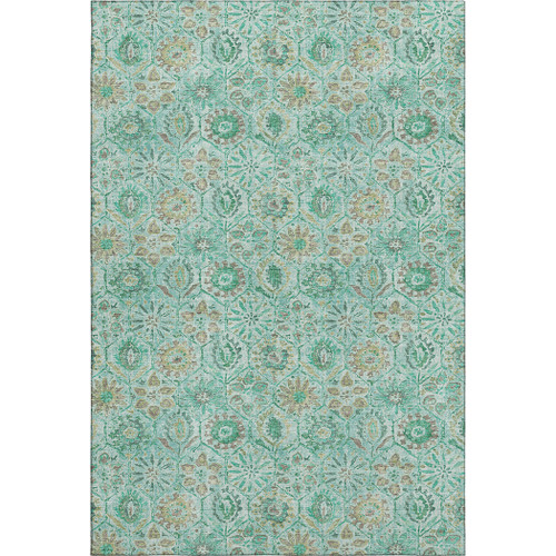 10' X 14' Aqua And Beige Floral Washable Area Rug With UV Protection