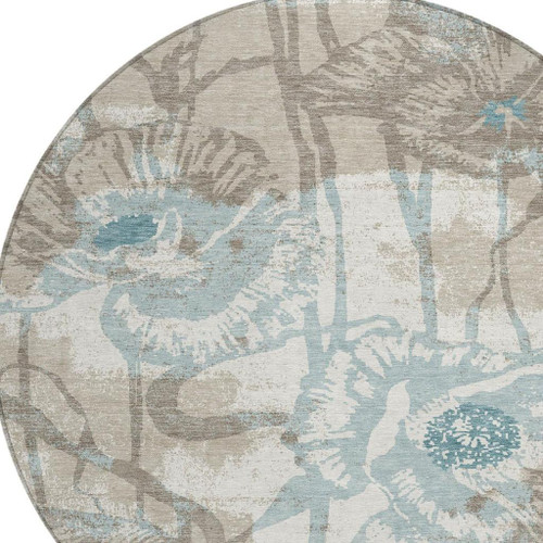 8' Beige And Brown Round Floral Washable Indoor Outdoor Area Rug