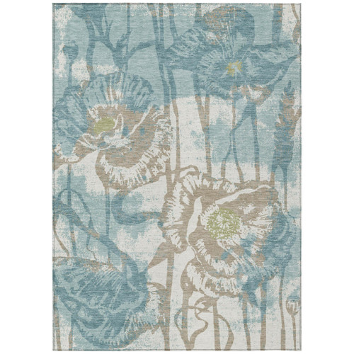 8' X 10' Teal Blue And Silver Floral Washable Indoor Outdoor Area Rug