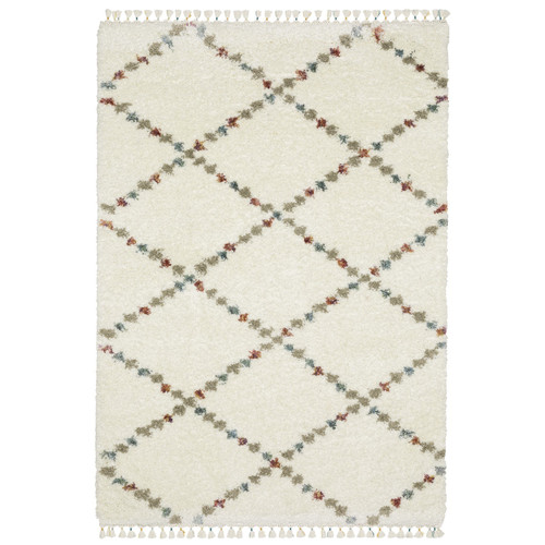10' X 13' Ivory Tan And Gray Diamond Shag Area Rug With Fringe