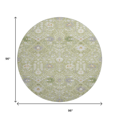 8' Artichoke Green Gray And Ivory Oriental Washable Round Rug With UV Protection