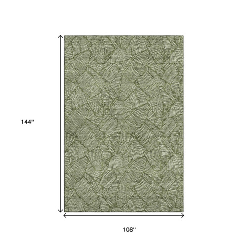9' X 12' Olive Green And Ivory Floral Washable Area Rug With UV Protection