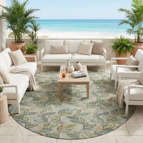 8' Green And Ivory Round Botanical Leaves Washable Indoor Outdoor Area Rug