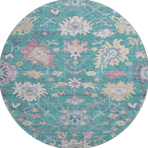 8' Teal Beige And Pink Floral Washable Round Rug With UV Protection