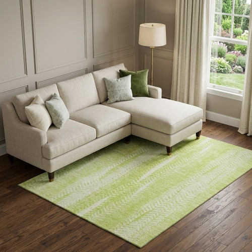 9' X 12' Artichoke Green And Ivory Striped Washable Area Rug With UV Protection