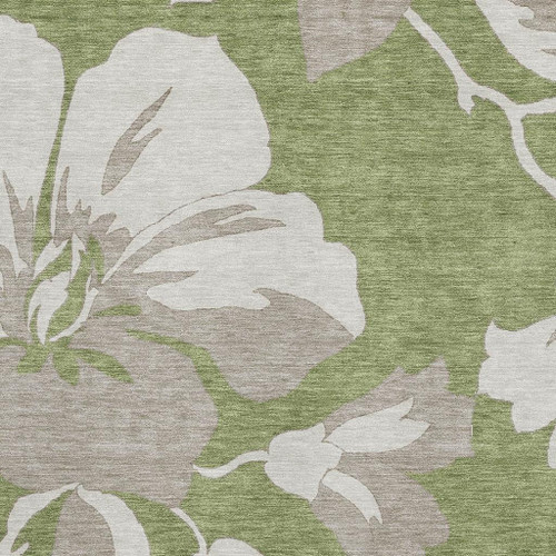 10' X 14' Olive Green And Gray Floral Washable Area Rug With UV Protection
