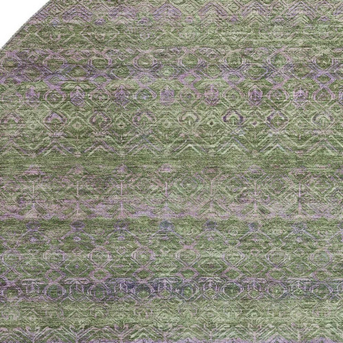 8' Olive Green And Purple Striped Washable Round Rug With UV Protection