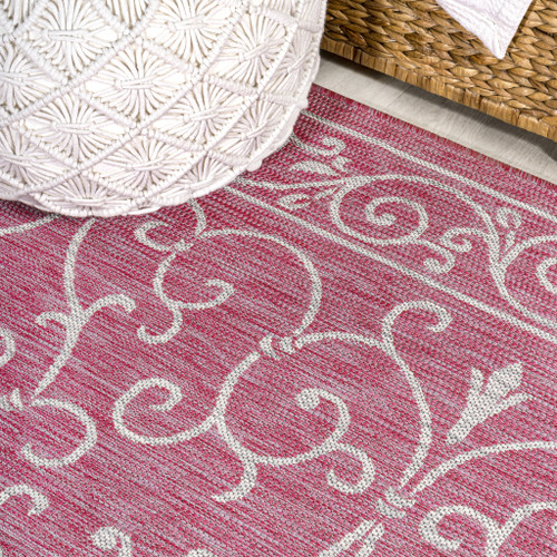 5' Fuchsia And Light Gray Square Medallion Indoor Outdoor Area Rug