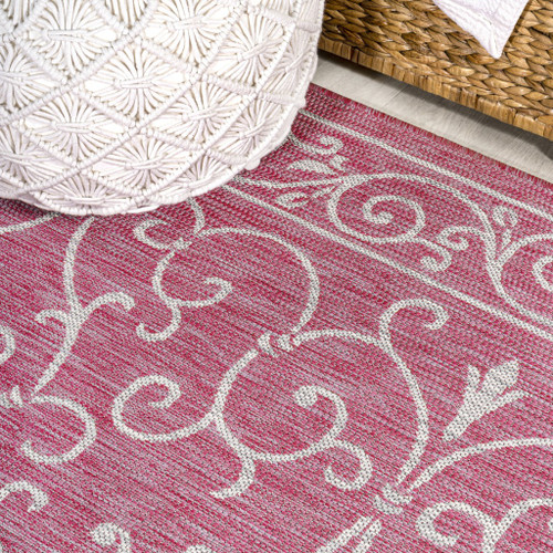 5' Fuchsia And Light Gray Square Medallion Indoor Outdoor Area Rug