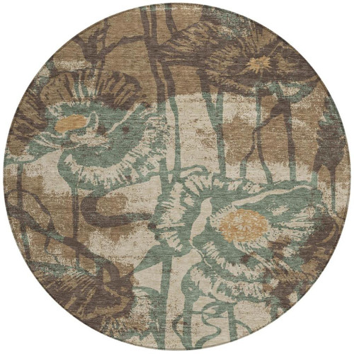 8' Brown And Beige Round Floral Washable Indoor Outdoor Area Rug