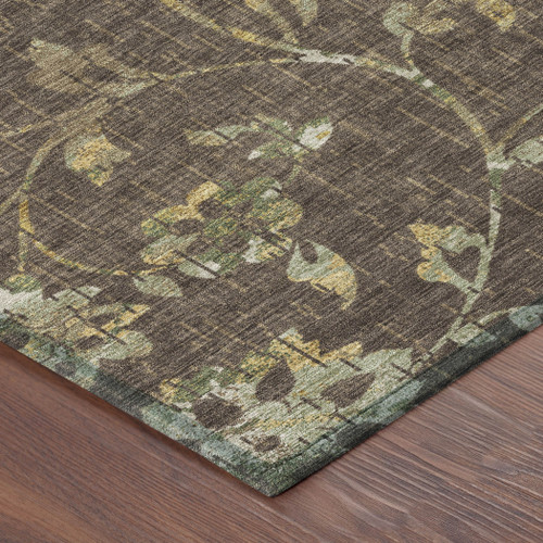 8' Chocolate And Brown Round Floral Washable Indoor Outdoor Area Rug