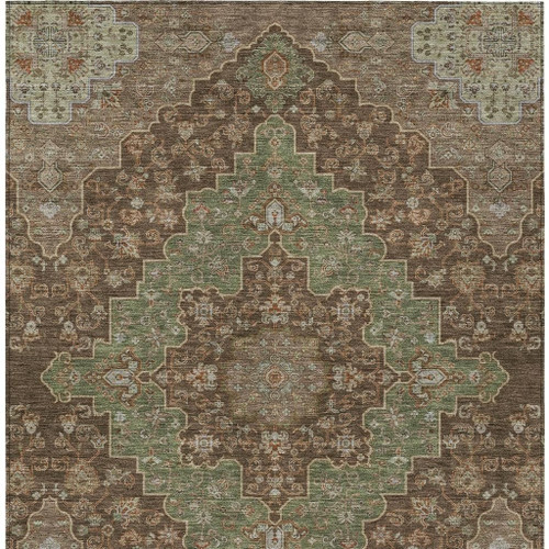 8' X 10' Chocolate And Olive Green Medallion Washable Indoor Outdoor Area Rug