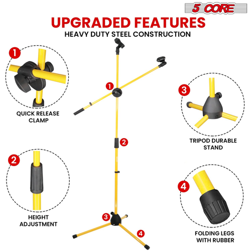Dual Microphone Stand 2 Pack, Adjustable Tripod Floor Stand with Boom Arm, Yellow