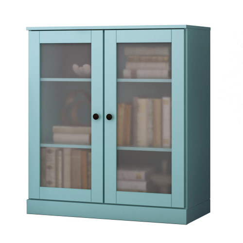 36" Aqua Solid Wood Adjustable Three Tier Library Bookcase with Two Doors