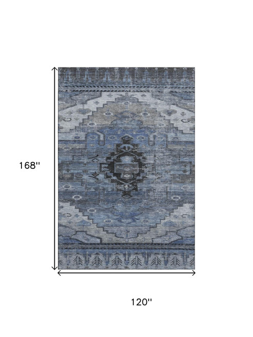 10' X 14' Blue Gray And Charcoal Oriental Washable Area Rug With UV Protection