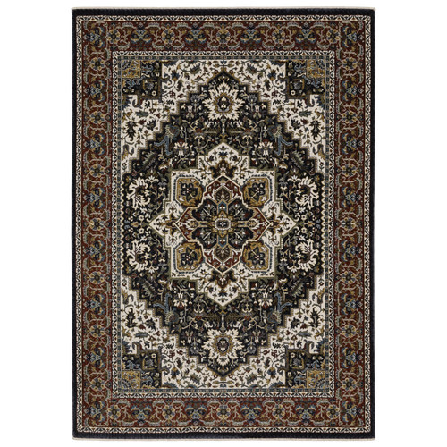 4' X 6' Navy Blue Ivory And Black Medallion Area Rug With Fringe