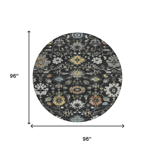 8' Black And Gray Round Floral Medallion Washable Indoor Outdoor Area Rug