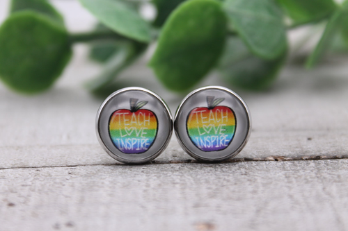Teach Love Inspire Rainbow Apple | Glass Stud Earrings | Hypoallergenic