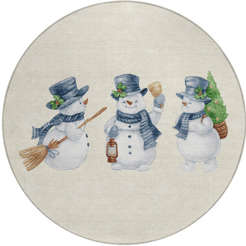 8' Ivory And Denim Blue Round Snowmen Washable Indoor Outdoor Area Rug