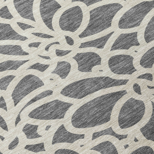8' Gray And Ivory Round Botanical Leaves Washable Indoor Outdoor Area Rug