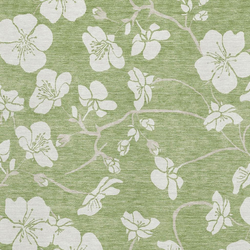 9' X 12' Artichoke Green And Ivory Floral Washable Area Rug With UV Protection