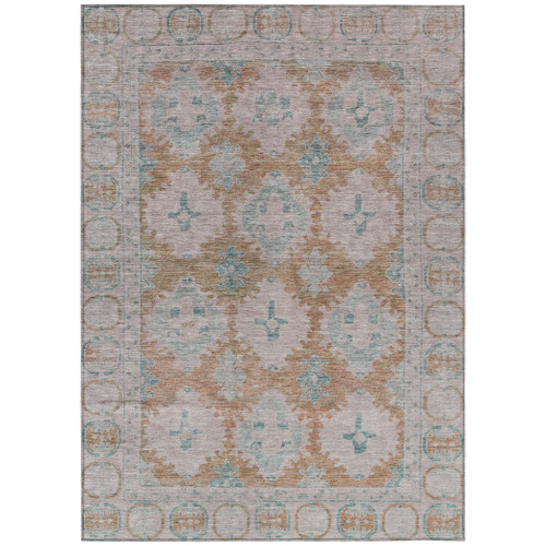 9' X 12' Terra Cotta And Teal Blue Damask Washable Indoor Outdoor Area Rug