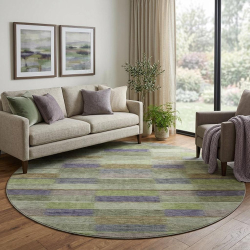 8' Artichoke Green Purple And Taupe Striped Washable Round Rug With UV Protection