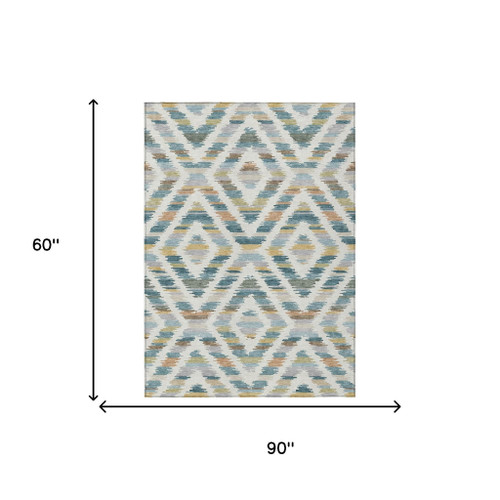 5' X 8' Teal Blue And Copper Tribal Washable Indoor Outdoor Area Rug