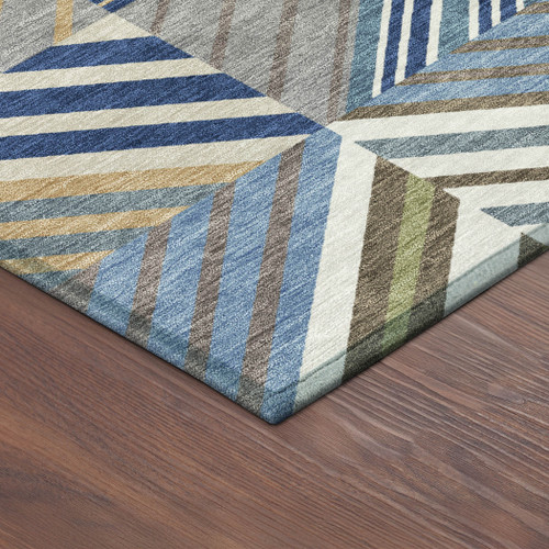 8' Denim Blue Ivory And Brown Round Patchwork Washable Indoor Outdoor Area Rug