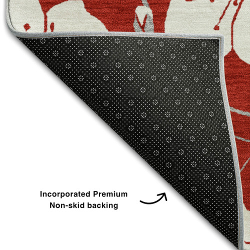 8' X 10' Red And Ivory Floral Washable Area Rug With UV Protection