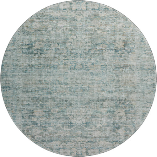 8' Teal And Beige Oriental Washable Round Rug With UV Protection