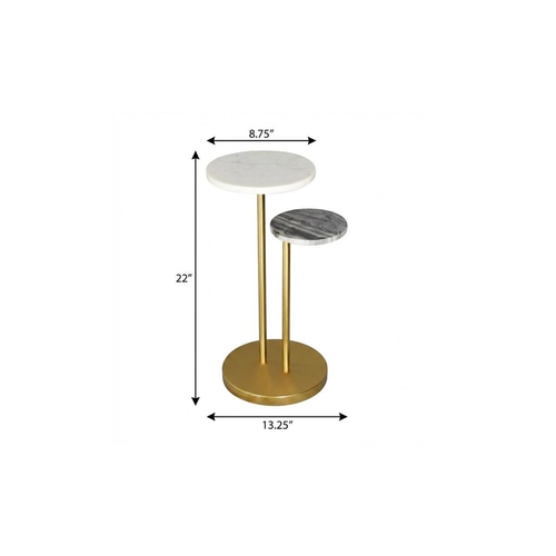 22" Black White and Gold Marble and Iron Round Pedestal End Table