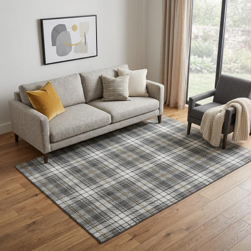 5' X 8' Charcoal Ivory And Gold Plaid Washable Area Rug With UV Protection