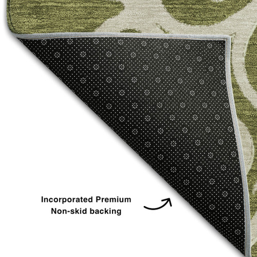 9' X 12' Olive Green Ivory And Beige Floral Medallion Washable Area Rug With UV Protection