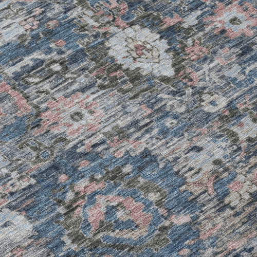 8' X 10' Denim Blue And Blue Floral Washable Indoor Outdoor Area Rug