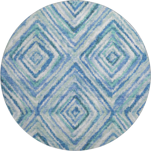 8' Blue Green And Ivory Geometric Washable Round Rug With UV Protection