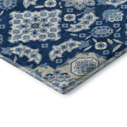 5' X 8' Navy Blue And Ivory Floral Medallion Washable Area Rug With UV Protection