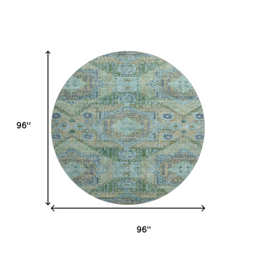 8' Green Blue And Beige Abstract Geometric Washable Round Rug With UV Protection