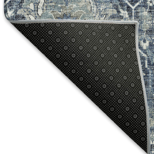 9' X 12' Blue And Ivory Floral Medallion Distressed Washable Area Rug With UV Protection